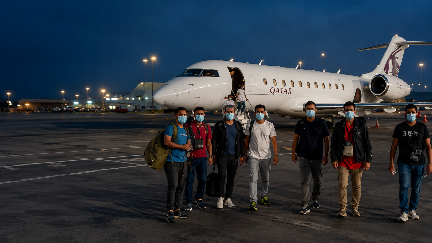 Crew members standing near a private aircraft